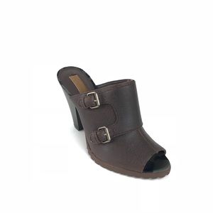 BCBG Vegan Leather Mules Open Toe Brown Buckles